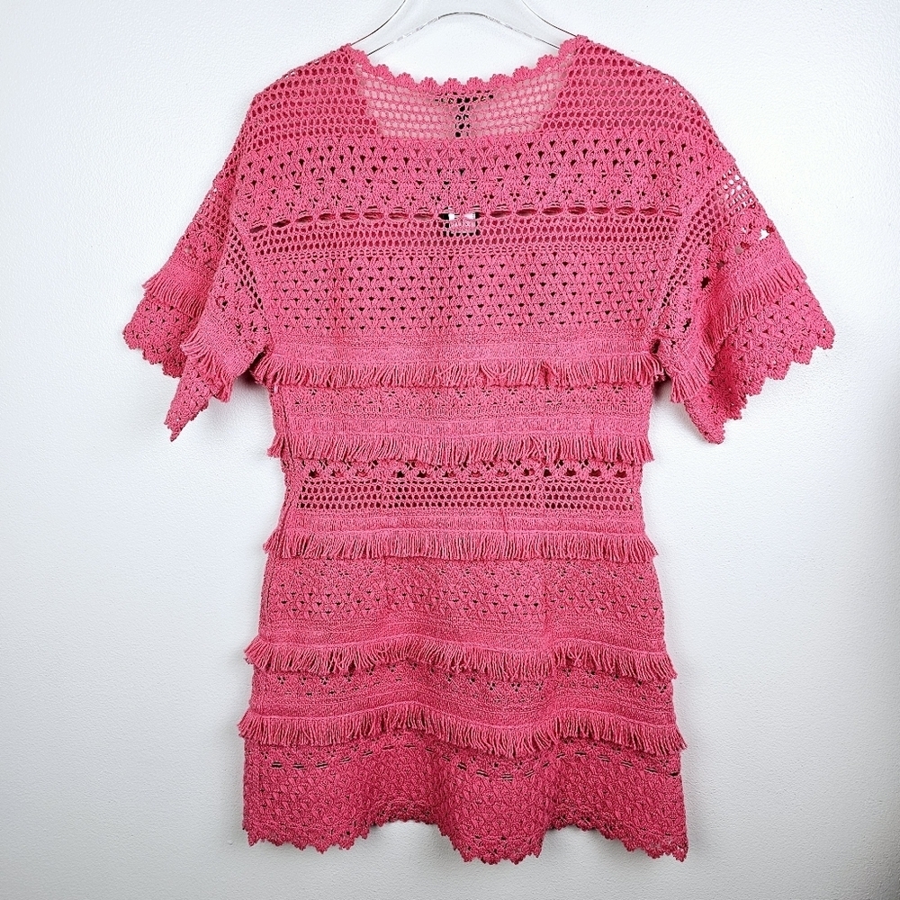Maje Rosy Pink Crochet Fringe Short Sleeve Mini Dress NWT - Picture 6 of 16